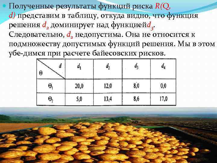  Полученные результаты функций риска R(Q, d) представим в таблицу, откуда видно, что функция