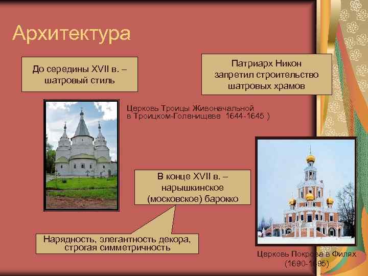 Архитектура Патриарх Никон запретил строительство шатровых храмов До середины XVII в. – шатровый стиль
