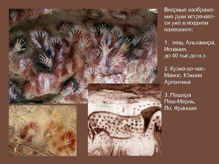Впервые изображение руки встречается уже в позднем палеолите: 1. пещ. Альтамира, Испания. до 40