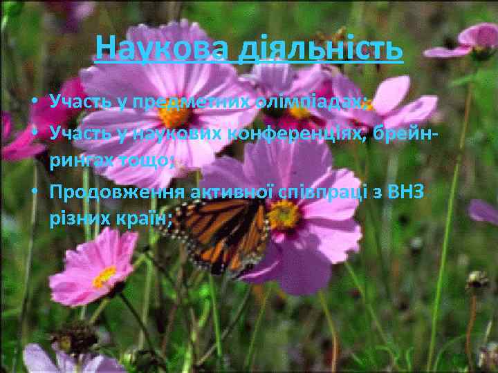 Наукова діяльність • Участь у предметних олімпіадах; • Участь у наукових конференціях, брейнрингах тощо;