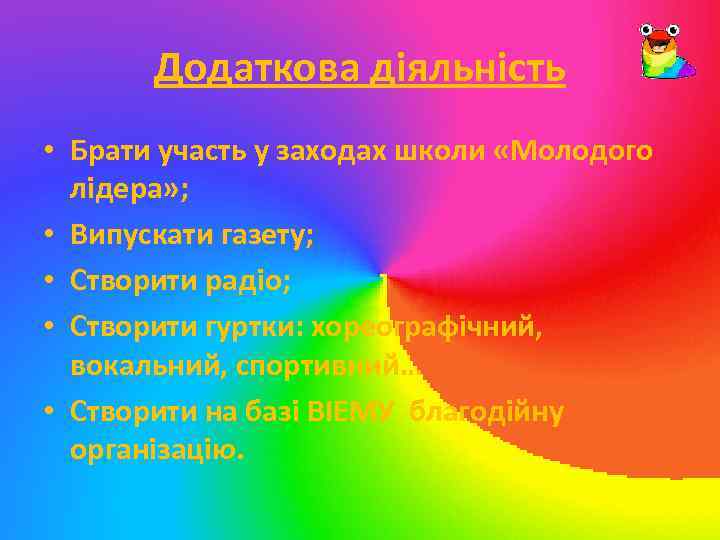 Додаткова діяльність • Брати участь у заходах школи «Молодого лідера» ; • Випускати газету;