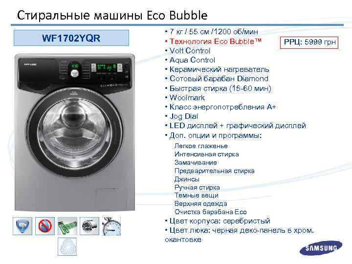 Стиральные машины Eco Bubble WF 1702 YQR • 7 кг / 55 см /1200