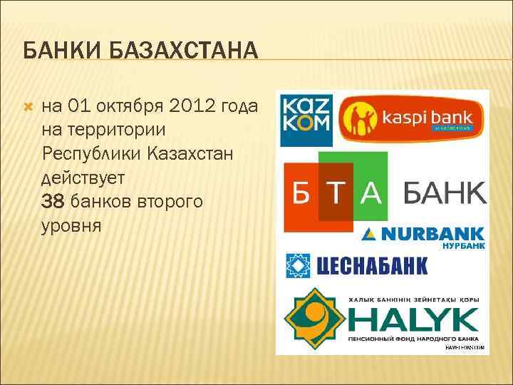 БАНКИ БАЗАХСТАНА на 01 октября 2012 года на территории Республики Казахстан действует 38 банков