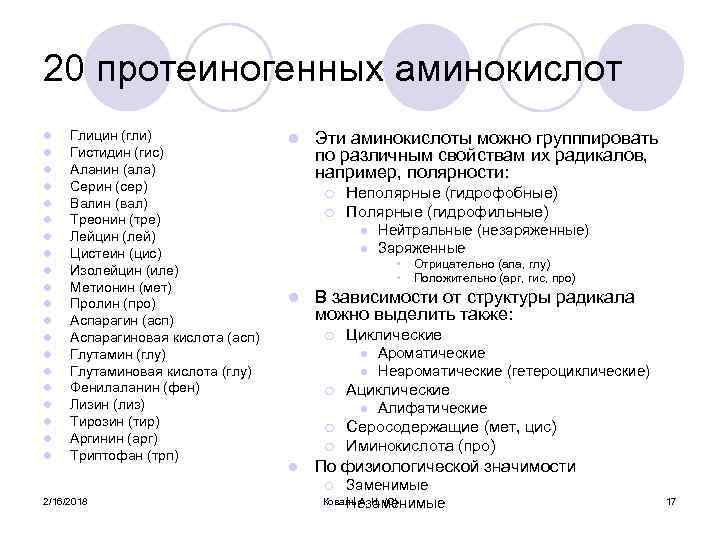 20 протеиногенных аминокислот l l l l l Глицин (гли) Гистидин (гис) Аланин (ала)