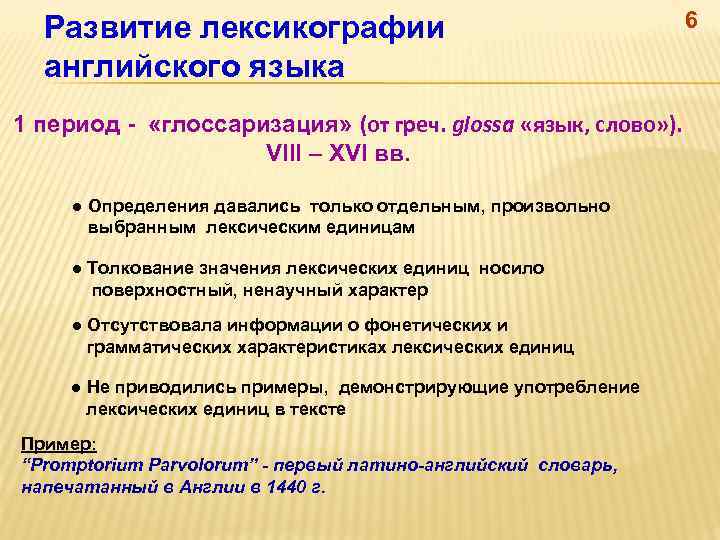 Развитие лексикографии английского языка 1 период - «глоссаризация» (от греч. glossa «язык, слово» ).