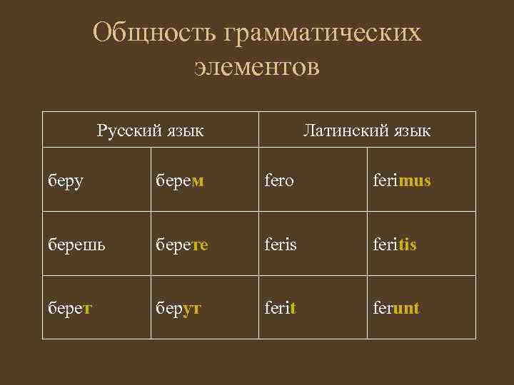 Общность грамматических элементов Русский язык Латинский язык беру берем fero ferimus берешь берете feris