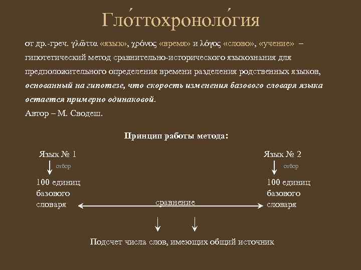 Гло ттохроноло гия от др. -греч. γλῶττα «язык» , χρóνος «время» и λόγος «слово»