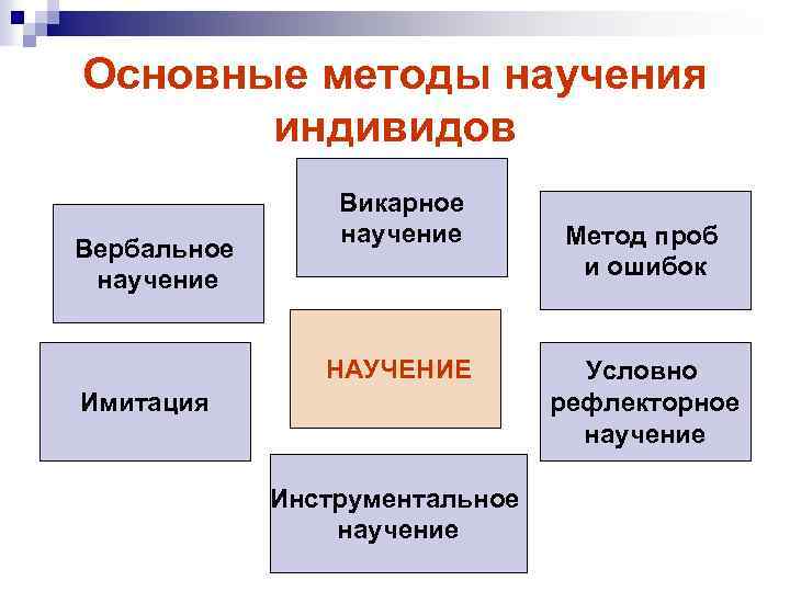 Основные методы научения индивидов Вербальное научение Викарное научение НАУЧЕНИЕ Имитация Инструментальное научение Метод проб