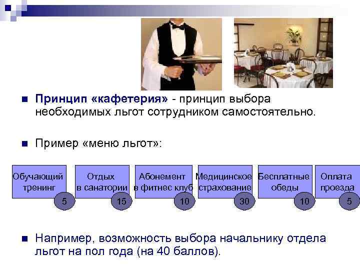 n Принцип «кафетерия» - принцип выбора необходимых льгот сотрудником самостоятельно. n Пример «меню льгот»