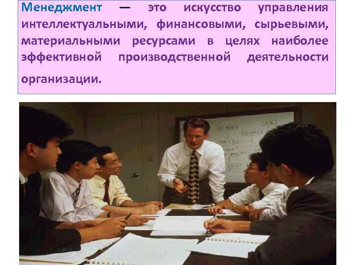 Менеджмент — это искусство управления интеллектуальными, финансовыми, сырьевыми, материальными ресурсами в целях наиболее эффективной