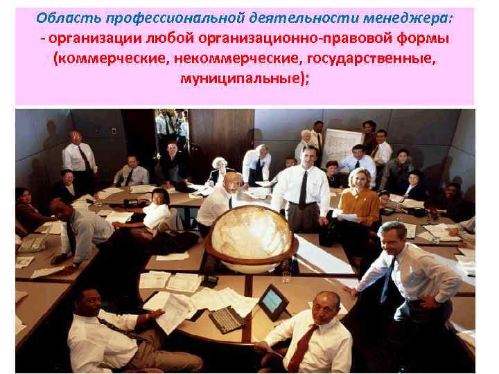Область профессиональной деятельности менеджера: - организации любой организационно-правовой формы (коммерческие, некоммерческие, государственные, муниципальные); 