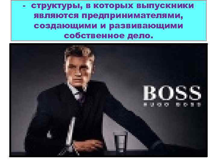 - структуры, в которых выпускники являются предпринимателями, создающими и развивающими собственное дело. 