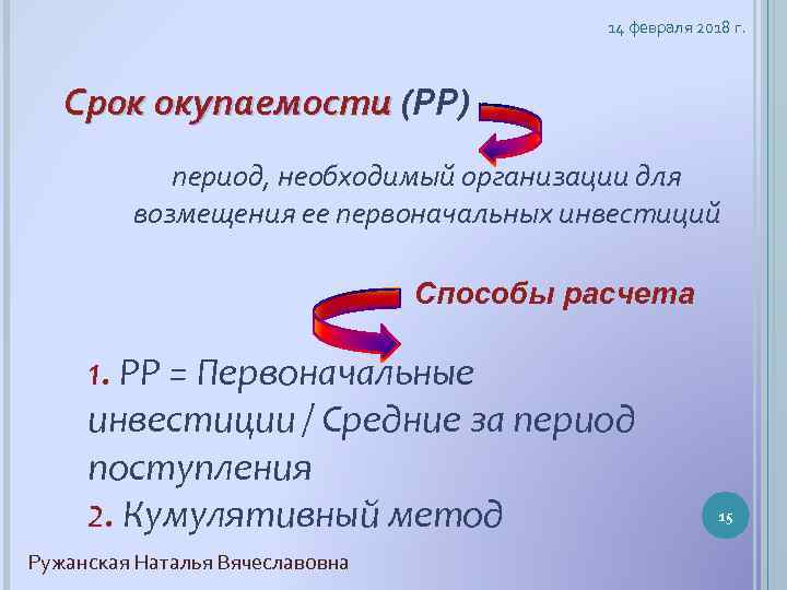 14 февраля 2018 г. Срок окупаемости (РР) период, необходимый организации для возмещения ее первоначальных