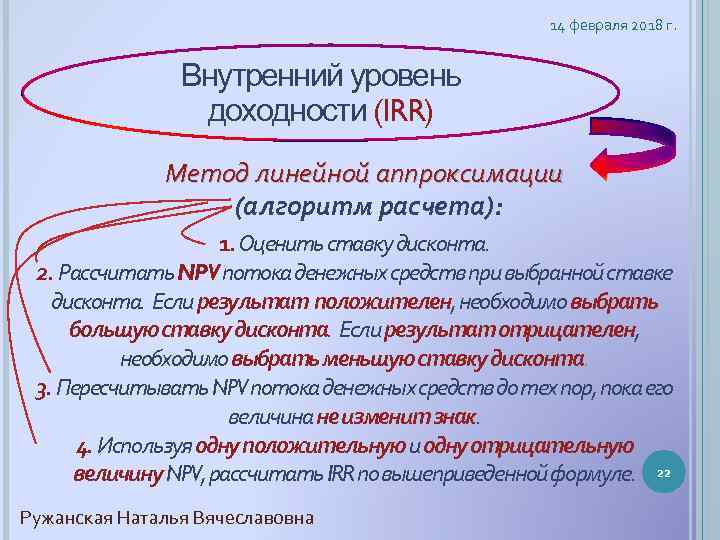 14 февраля 2018 г. Внутренний уровень доходности (IRR) Метод линейной аппроксимации (алгоритм расчета): 1.