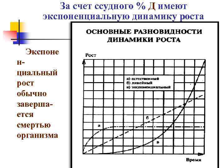 За счет ссудного % Д имеют экспоненциальную динамику роста Экспоне нциальный рост обычно завершается