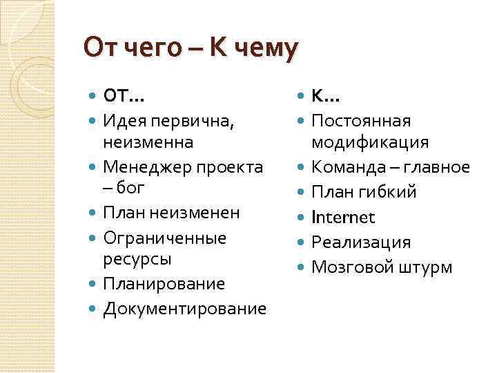 От чего – К чему ОТ… Идея первична, неизменна Менеджер проекта – бог План