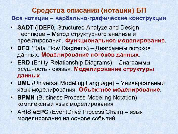 Средства описания (нотации) БП Все нотации – вербально-графические конструкции • SADT (IDEF 0, Structured