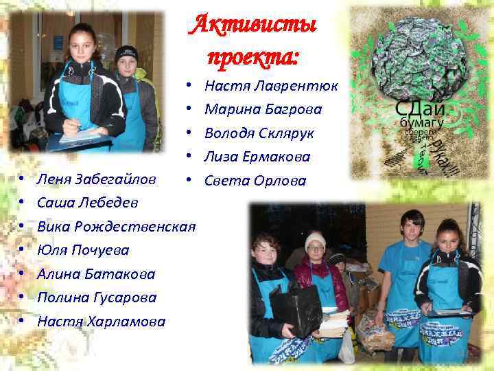 Активисты проекта: • • • Леня Забегайлов Саша Лебедев Вика Рождественская Юля Почуева Алина