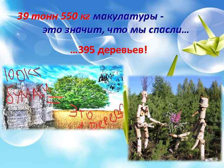 39 тонн 550 кг макулатуры это значит, что мы спасли… … 395 деревьев! 20
