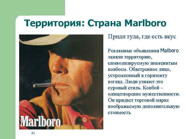 Территория: Страна Marlboro Приди туда, где есть вкус Рекламные объявления Malboro заняли территорию, символизируемую