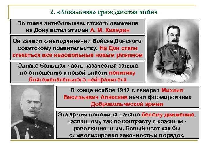 2. «Локальная» гражданская война Во главе антибольшевистского движения на Дону встал атаман А. М.