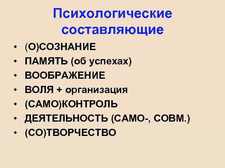 Психологические составляющие • • (О)СОЗНАНИЕ ПАМЯТЬ (об успехах) ВООБРАЖЕНИЕ ВОЛЯ + организация (САМО)КОНТРОЛЬ ДЕЯТЕЛЬНОСТЬ