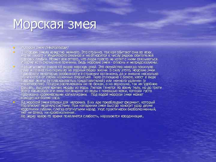 Морская змея • • Морская змея (Hydrophidae) О морских змеях известно немного. Это странно,