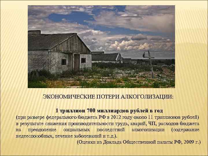 ЭКОНОМИЧЕСКИЕ ПОТЕРИ АЛКОГОЛИЗАЦИИ: 1 триллион 700 миллиардов рублей в год (при размере федерального бюджета