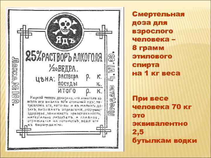 Смертельная доза для взрослого человека – 8 грамм этилового спирта на 1 кг веса