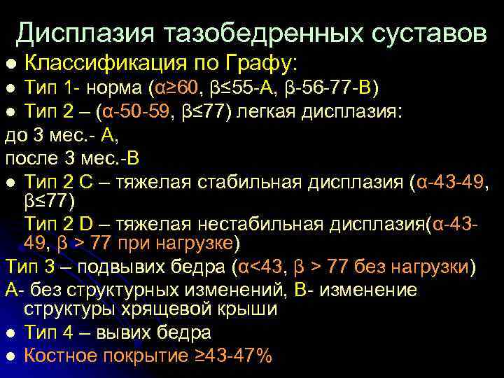 Дисплазия тазобедренных суставов l Классификация по Графу: Тип 1 - норма (α≥ 60, β≤