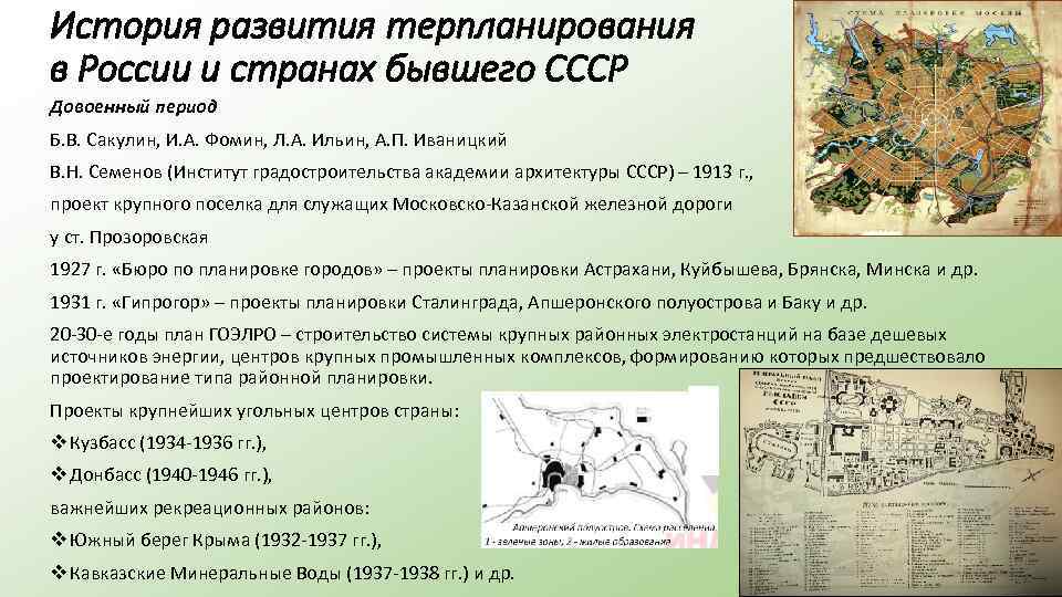 История развития терпланирования в России и странах бывшего СССР Довоенный период Б. В. Сакулин,
