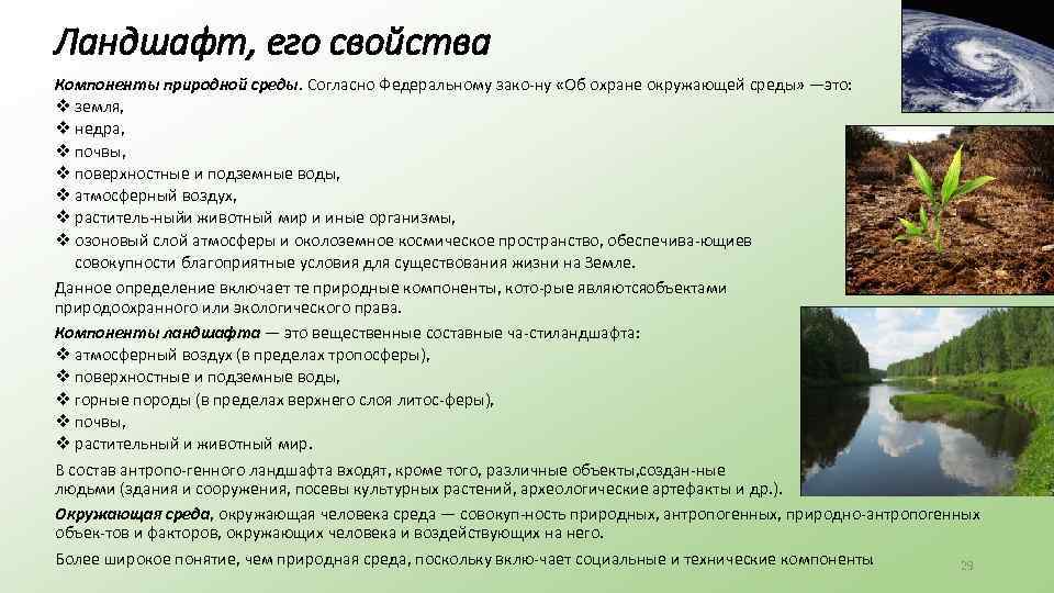 Ландшафт, его свойства Компоненты природной среды. Согласно Федеральному зако ну «Об охране окружающей среды»