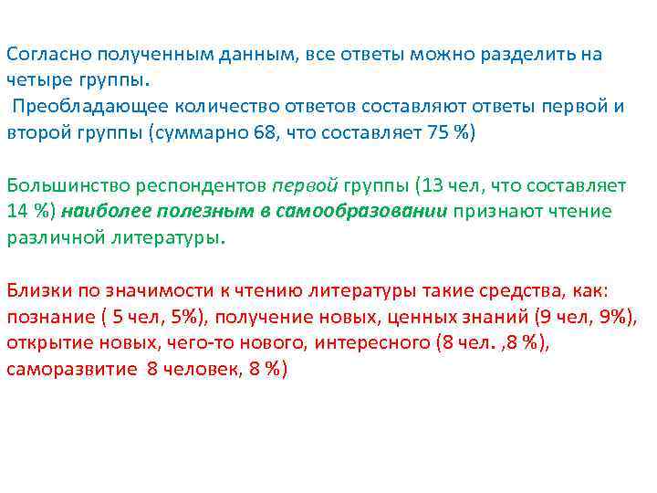 Согласно полученным данным, все ответы можно разделить на четыре группы. Преобладающее количество ответов составляют