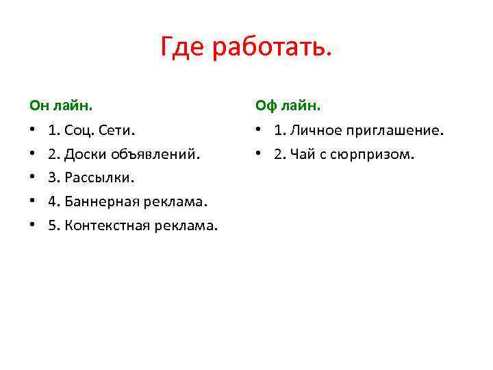 Где работать. Он лайн. • • • 1. Соц. Сети. 2. Доски объявлений. 3.