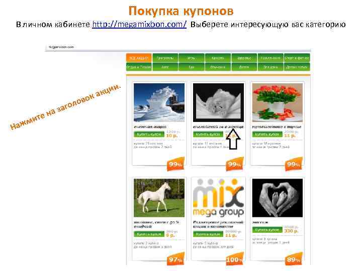 Покупка купонов В личном кабинете http: //megamixbon. com/ Выберете интересующую вас категорию . и