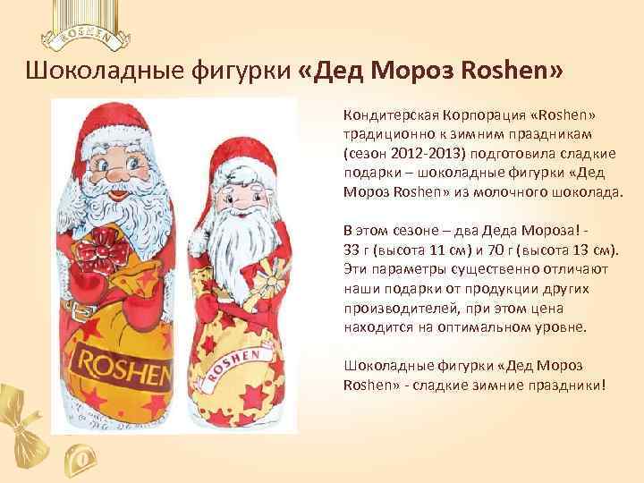 Шоколадные фигурки «Дед Мороз Roshen» Кондитерская Корпорация «Roshen» традиционно к зимним праздникам (сезон 2012