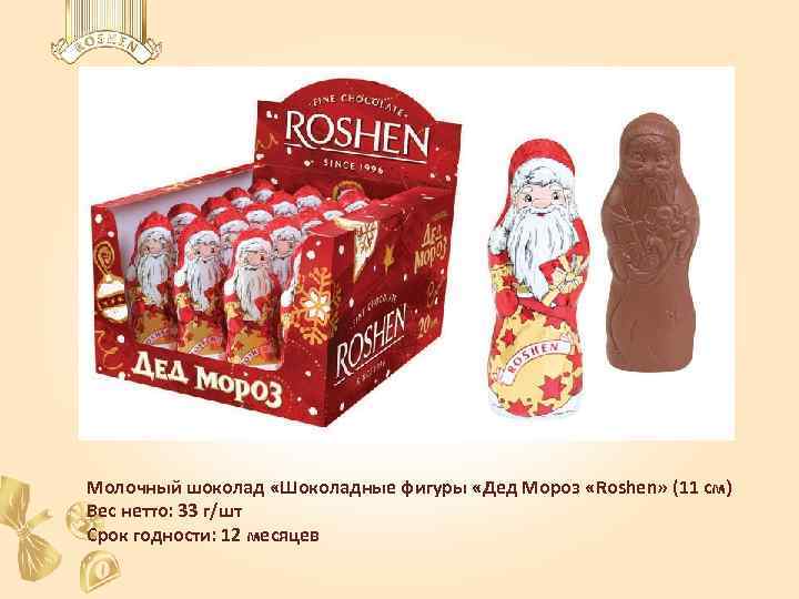 Молочный шоколад «Шоколадные фигуры «Дед Мороз «Roshen» (11 см) Вес нетто: 33 г/шт Срок