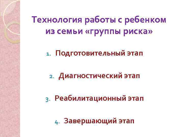 Технология работы с ребенком из семьи «группы риска» 1. 2. 3. Подготовительный этап Диагностический