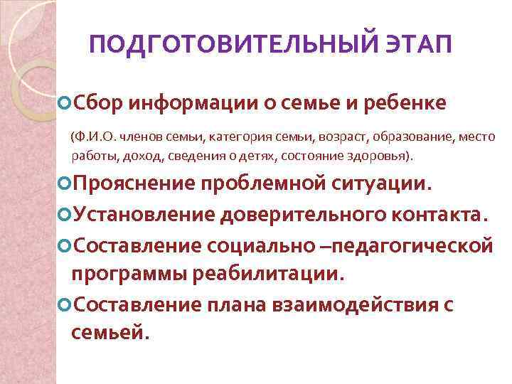 ПОДГОТОВИТЕЛЬНЫЙ ЭТАП Сбор информации о семье и ребенке (Ф. И. О. членов семьи, категория