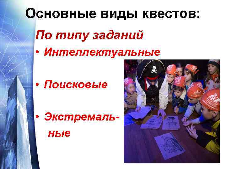 Основные виды квестов: По типу заданий • Интеллектуальные • Поисковые • Экстремальные 