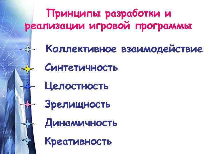 Принципы разработки и реализации игровой программы Коллективное взаимодействие Синтетичность Целостность Зрелищность Динамичность Креативность 
