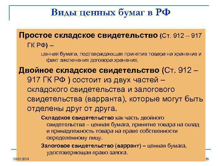 Виды ценных бумаг в РФ Простое складское свидетельство (Ст. 912 – 917 ГК РФ)