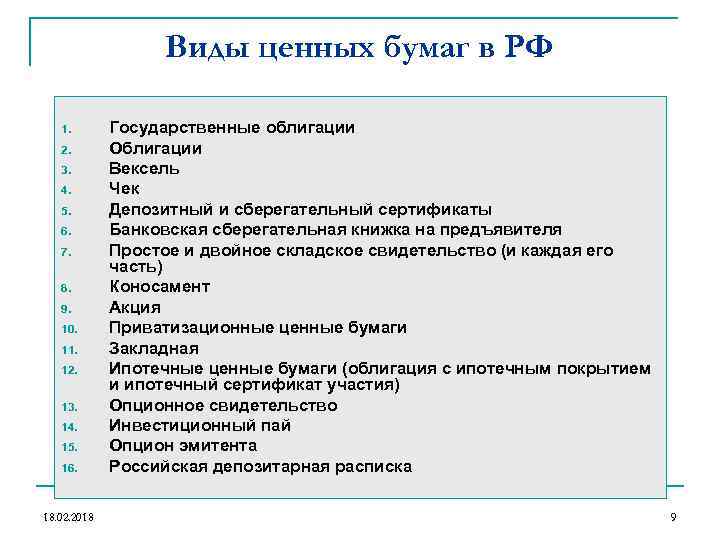 Виды ценных бумаг в РФ 1. 2. 3. 4. 5. 6. 7. 8. 9.