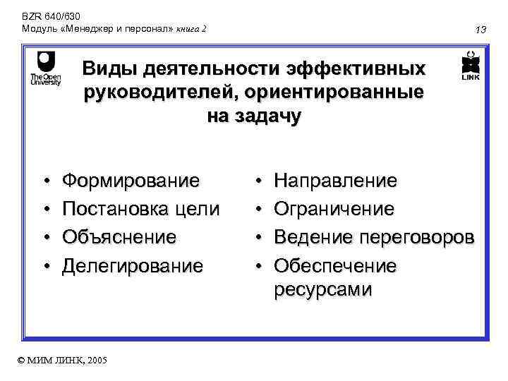 BZR 640/630 Модуль «Менеджер и персонал» книга 2 13 Виды деятельности эффективных руководителей, ориентированные