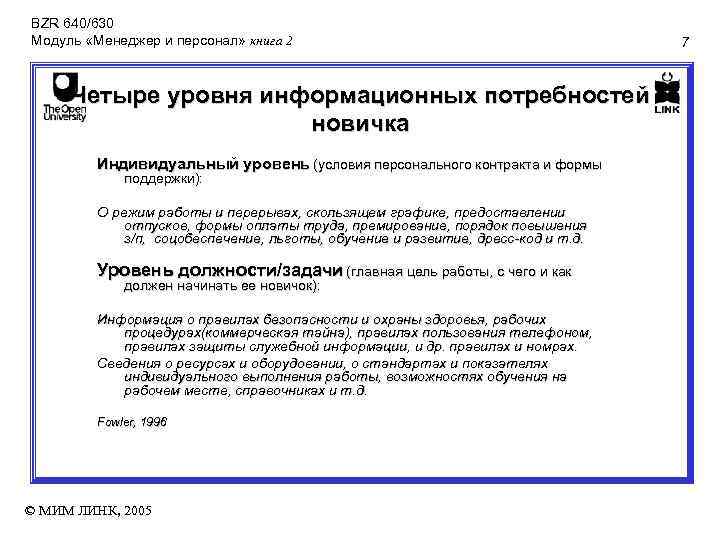 BZR 640/630 Модуль «Менеджер и персонал» книга 2 Четыре уровня информационных потребностей новичка Индивидуальный