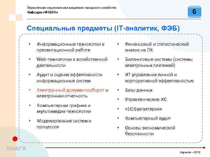 Харьковская национальная академия городского хозяйства 6 Кафедра «ФЭБУА» Специальные предметы (IT-аналитик, ФЭБ) • Информационные