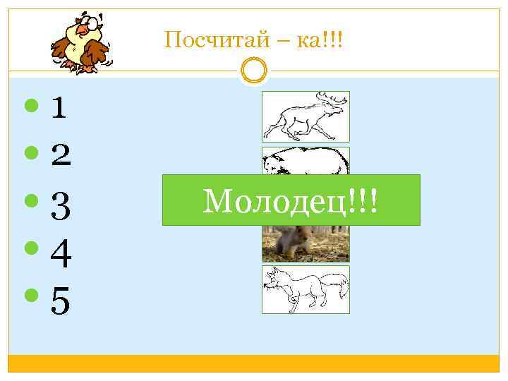 Посчитай – ка!!! 1 2 3 4 5 Молодец!!! 