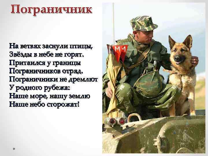 Пограничник На ветвях заснули птицы, Звёзды в небе не горят. Притаился у границы Пограничников