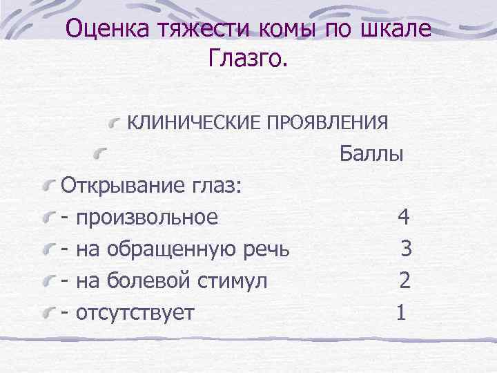 Оценка тяжести комы по шкале Глазго. КЛИНИЧЕСКИЕ ПРОЯВЛЕНИЯ Баллы Открывание глаз: - произвольное 4