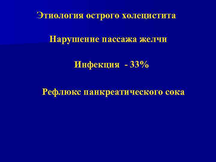 Этиология острого холецистита Нарушение пассажа желчи Инфекция - 33% Рефлюкс панкреатического сока 